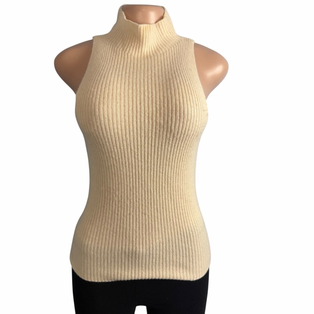 Maeve Anthropologie Cream Sleeveless Ribbed Turtleneck Cashmere Top